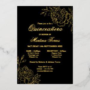 Elegant Quinceanera Sketch Floral Black and Gold Foil