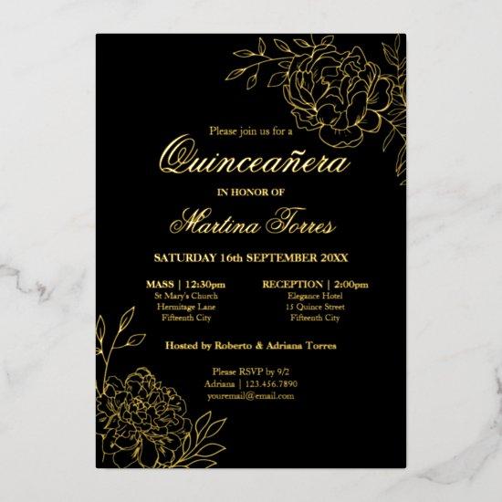 Elegant Quinceanera Sketch Floral Black and Gold Foil