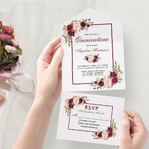 Elegant Quinceanera Watercolor Burgundy Floral All In One