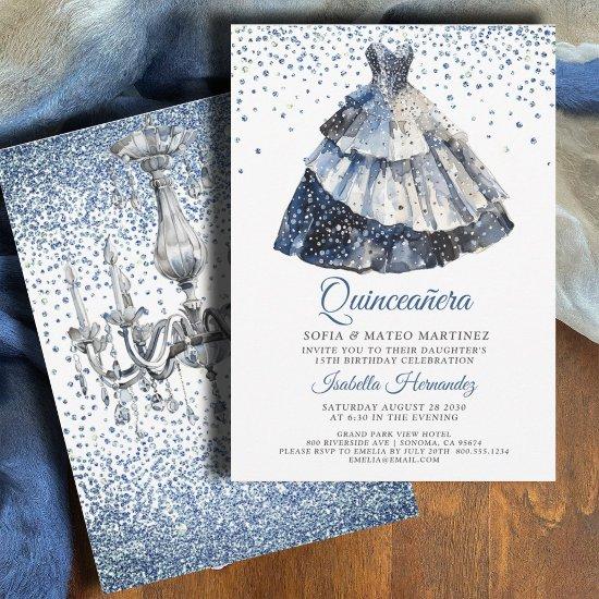Elegant Quineanera Blue Glitter Blue Gown Party