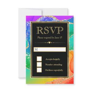 Elegant Rainbow Glitter Agate and Gold Wedding RSVP Card