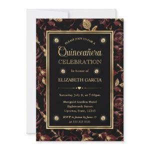 Elegant Red and Gold Rose Floral Quinceanera
