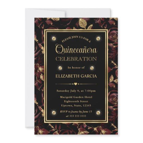 Elegant Red and Gold Rose Floral Quinceanera
