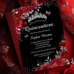 Elegant Red Black Floral Butterfly Quinceanera  Foil