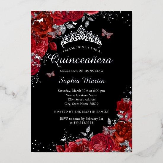 Elegant Red Black Floral Butterfly Quinceanera  Foil