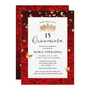 Elegant Red Black Gold Crown Floral Quinceanera