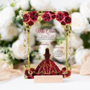 Elegant Red Floral Princess Gold Arch Quinceanera Acrylic