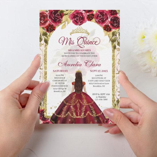 Elegant Red Floral Princess Gold Arch Quinceanera