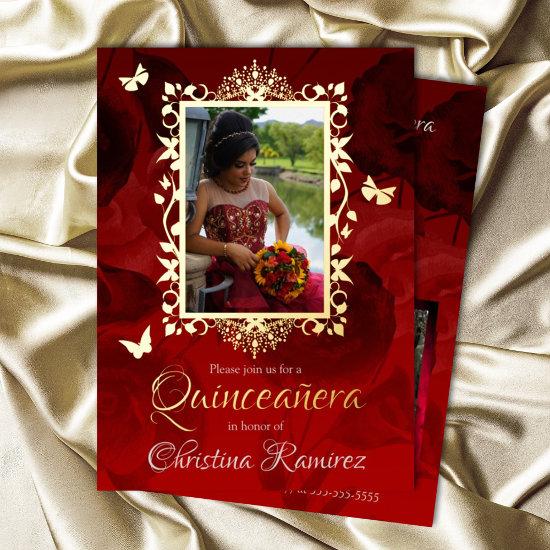 Elegant Red, Gold Butterflies Quinceanera Foil