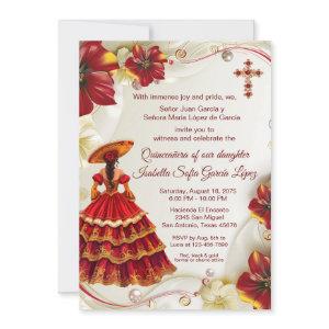 Elegant Red Gold Floral Charra Quinceanera