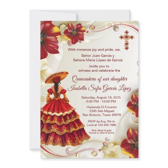 Elegant Red Gold Floral Charra Quinceanera
