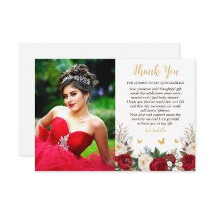 Elegant Red & Gold Floral Photo Quinceañera Thank You Card