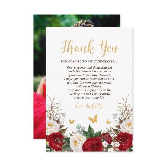 Elegant Red & Gold Floral Photo Quinceañera Thank You Card