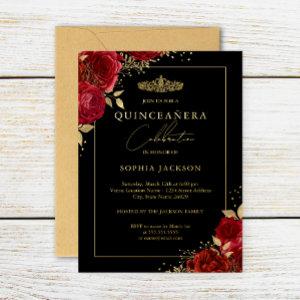 Elegant Red Gold Floral Tiara Quinceanera Foil