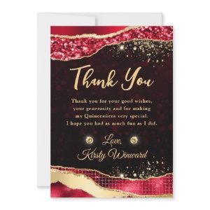 Elegant Red & Gold Glitter Glam Tears Quinceanera Thank You Card