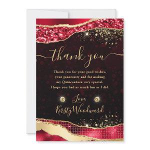 Elegant Red & Gold Glitter Glam Tears Quinceanera Thank You Card