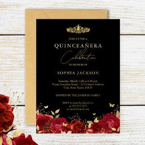 Elegant Red Gold Rose Butterfly Quinceanera   Foil