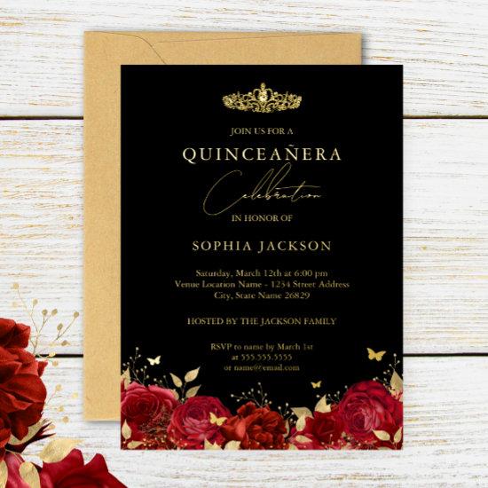 Elegant Red Gold Rose Butterfly Quinceanera   Foil