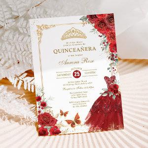 Elegant Red Gold Roses Quinceañera Princess