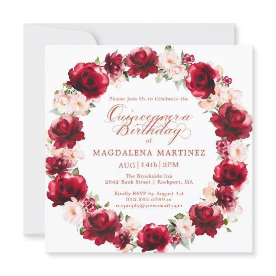 Elegant Red Pink Floral Wreath Quinceanera