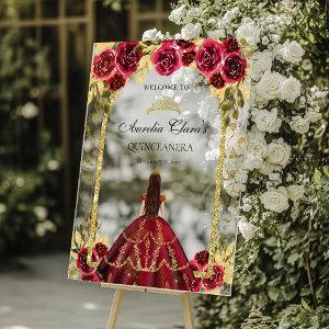 Elegant Red Princess Floral Quinceañera Birthday Acrylic Sign