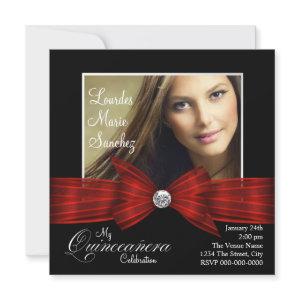 Elegant Red Ribbon Black Red Photo Quinceanera