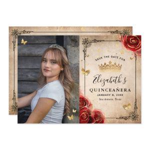 Elegant Red Rose Black and Gold Photo Quinceanera Save The Date
