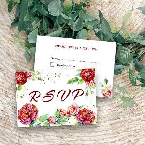 Elegant Red Rose Garlands Watercolor Floral White RSVP Card