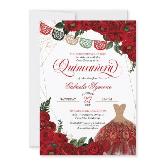 Elegant Red Roses Glitter Dress Fiesta Quinceañera