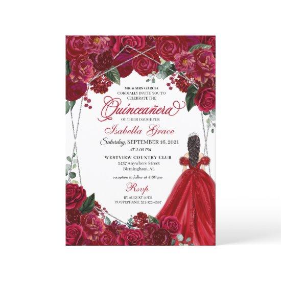 Elegant Red & Silver Floral Quinceanera Birthday I