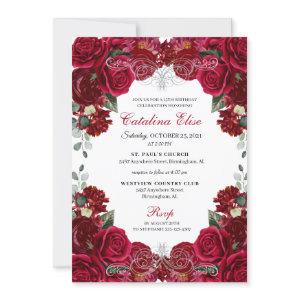 Elegant Red & Silver Floral Quinceanera Birthday I