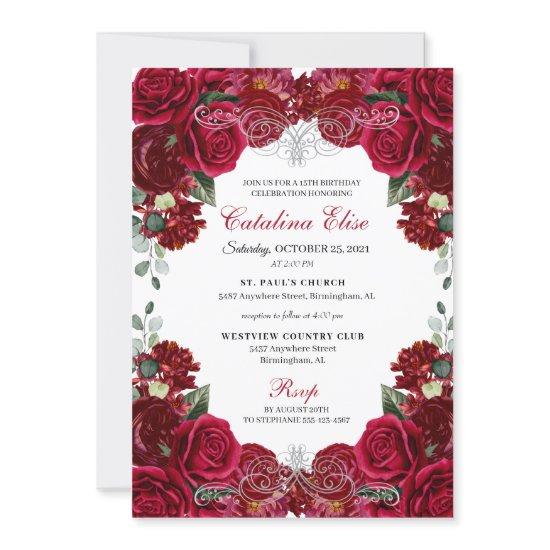 Elegant Red & Silver Floral Quinceanera Birthday I