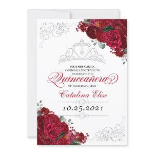 Elegant Red & Silver Floral Quinceanera Birthday