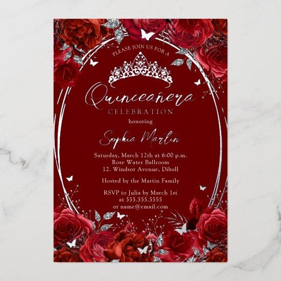 Elegant Red Silver Floral Quinceanera Foil