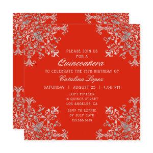 Elegant Red Silver Ornate Floral Quinceañera