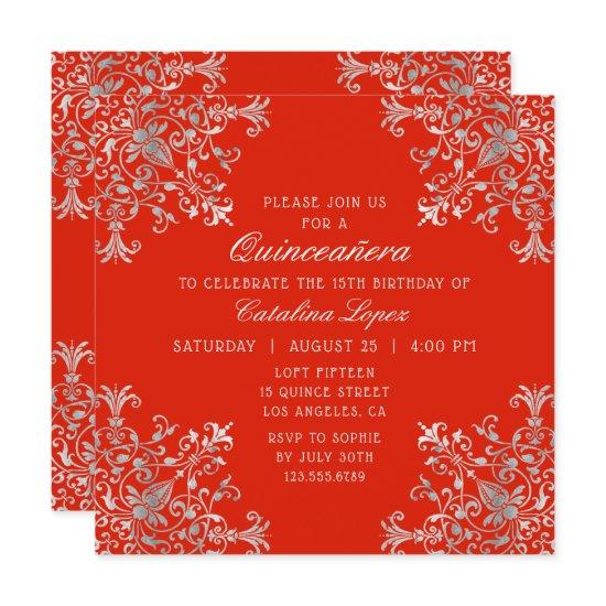Elegant Red Silver Ornate Floral Quinceañera
