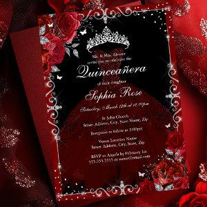 Elegant Red Silver Rose Dress Quinceanera Foil