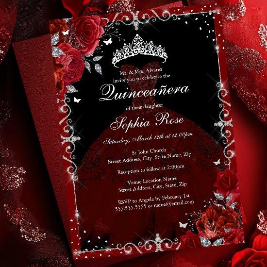 Elegant Red Silver Rose Dress Quinceanera Foil