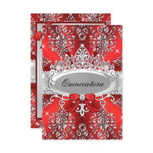 Elegant Red Silver Tiara Damask Quinceanera Invite