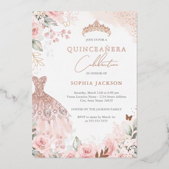 Elegant Rose Gold Blush Dress Floral Quinceanera  Foil