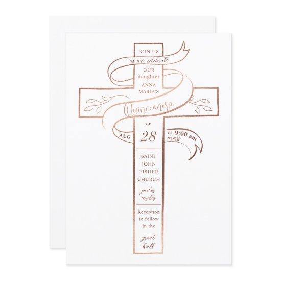 Elegant Rose Gold Cross Ribbon Quinceañera