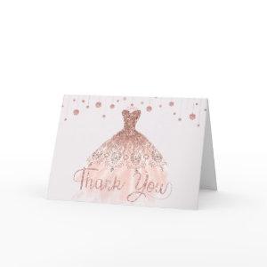 Elegant Rose Gold Dress Quinceañera 15th Birthday Thank You Card