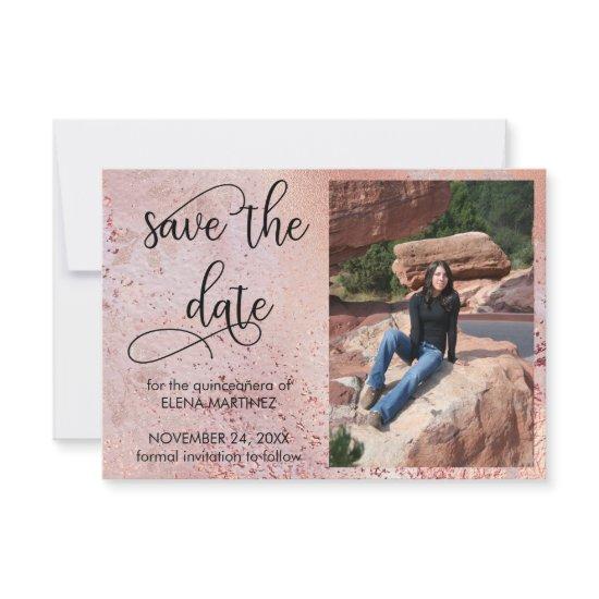 Elegant Rose Gold Faux Foil and Glitter Photo Save The Date