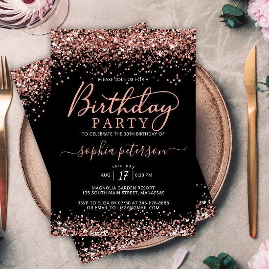 Elegant Rose Gold Glitter Any Age Black Birthday