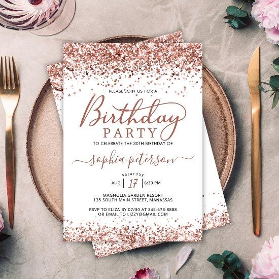 Elegant Rose Gold Glitter Any Age White Birthday