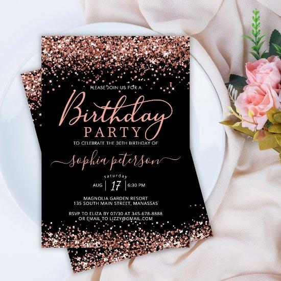 Elegant Rose Gold Glitter Black Any Age Birthday