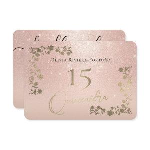 Elegant Rose Gold Glitter Chic Floral Quinceanera  RSVP Card