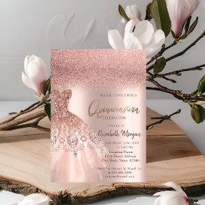 Elegant Rose Gold Glitter Dress Quinceañera Invita