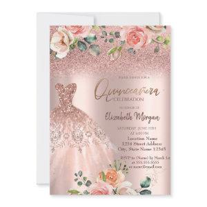 Elegant Rose Gold Glitter Dress Roses Quinceañera