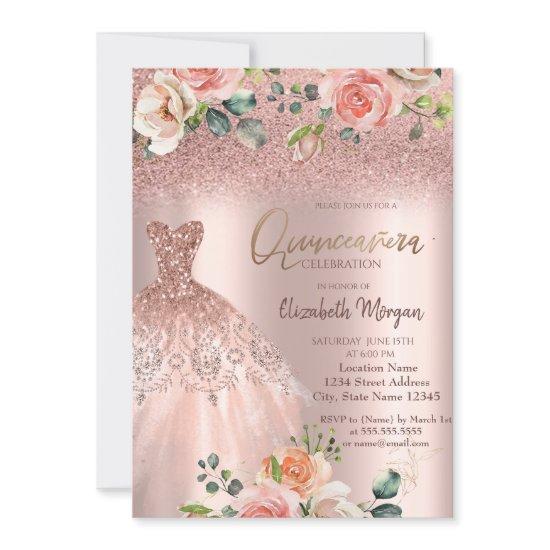 Elegant Rose Gold Glitter Dress Roses Quinceañera